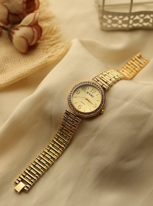 Eyki Round Gold Stones – Elegant Women’s Watch with Crystal Bezel