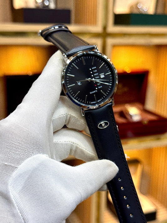 DL Men’s Minimalist Quartz Watch with Day-Date Display & Leather Strap