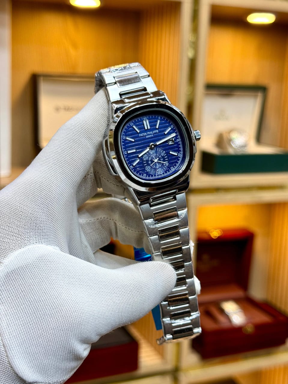 Silver-Tone "Nautical" Luxury Watch with Deep Blue Embossed Dial