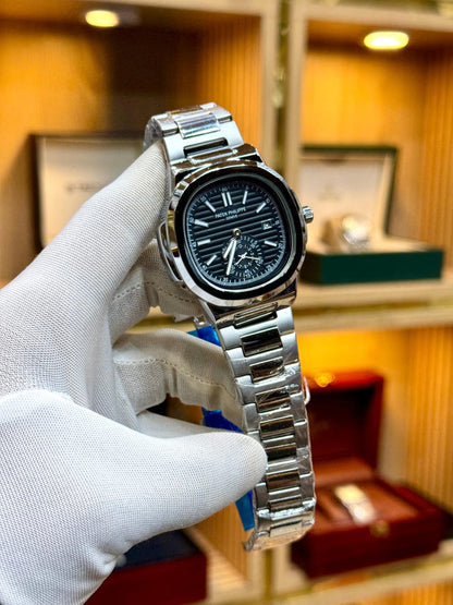 Silver-Tone "Nautical" Luxury Watch with Deep Blue Embossed Dial